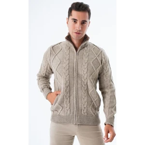 Trist Star Erkek Vizon Yakası Kürklü Saç Örgü Yürütme Fermuarlı Cepli Yün Triko Örme Hırka TRIST-5329