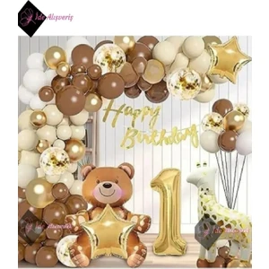 Bkmc Party Hayvan Temalı Folyo Balonlu Kahverengi 1 Yaş Doğum Günü Parti Seti Balon Seti