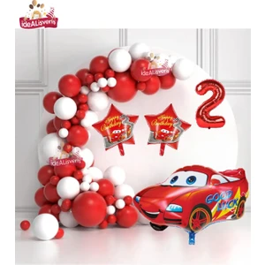Bkmc Party Yıldız Araba 2 Yaş Folyo Balonlu Kırmızı Beyaz Konsept Doğum Günü Parti Seti