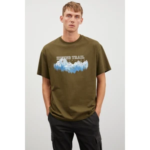 Ademir Erkek Oversize Fit Önü Dağ Baskılı Bisiklet Yaka Pamuklu Haki T-Shirt