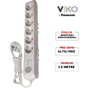 | Altılı Grup Priz, Akım Korumalı Topraklı - Çocuk Korumalı Çoğaltıcı Priz  [Altılı, 1.5 Metre, Beyaz]