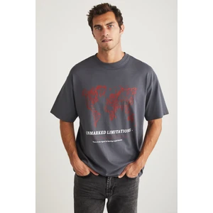 Leaf Erkek Bisiklet Yaka Pamuk Baskılı Gri T-Shirt