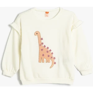 Dinozorlu Sweatshirt Aplike Detaylı Uzun Kollu Bisiklet Yaka Şardonlu Pamuklu