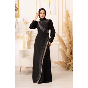 Yıldız Abiye Zincir ve Taş Detaylı Krep Kumaş Tesettür Elbise (K1025)