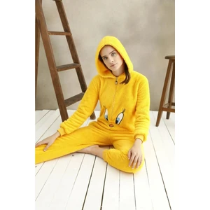 Mrs Justin Kadın Sarı Civciv Desenli Polar Peluş Kışlık Kapüşonlu Tulum Pijama Takımı