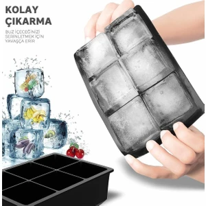 Silikon 6'lı Kare Buz Kalıbı - 6 Bölmeli Buzluk 5cm | Dev Buz Küpleri | Sunum Buz Küpü