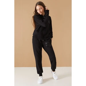 Cansın Mini Siyah Yazı Baskılı Kapüşonlu Hırkalı Kız Eşofman Takımı 19223