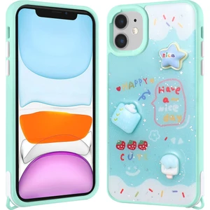 Cepte Aksesuar Apple iPhone 11 Kılıf Parlayan Sıvılı Simli Kabartma Figürlü Zore Cevze Kapak-Yeşil