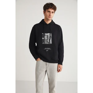 Toronto Erkek Kapüşonlu  Pamuk Baskı Detaylı Siyah Sweatshirt