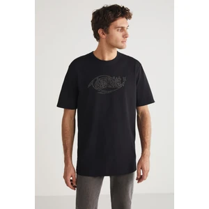 Steven Erkek Bisiklet Yaka Pamuk Taş Işlemeli Siyah T-Shirt