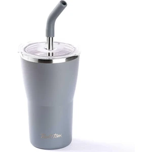 Gri 2 Kapaklı Çift Katmanlı Pipetli Termos Bardak 410 ml