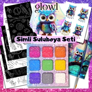 Glowl Simli, Organik, El Yapımı, Suluboya 9'lu Set, Boyama Kağıtları, Sticker Seti, Fırça Hediyeli