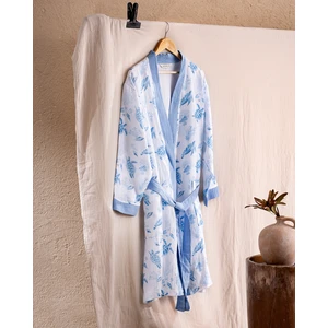 Madame Coco Victorine  Pamuk Kadın Müslin Bornoz - Beyaz/Mavi - Natural Koleksiyon
