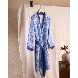 Emeline  Pamuk Kadın Müslin Bornoz - Beyaz/Lacivert