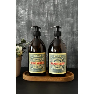 Ahşap Stantlı 500 ml Amber Renkli 2'li Vintage Cam Sabunluk Seti VINTAGE2STANTLISETSABUNLUK