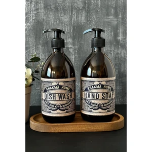 Ahşap Stantlı 500 ml Amber Renkli 2'li Vintage Cam Sabunluk Seti VINTAGE1STANTLISETSABUNLUK