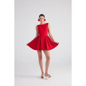 Holly Lolly Kabarık Mini Elbise Kayık Yaka Kırmızı Kadın Trend Stil Özel Olay