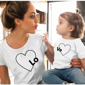 Kids Face Özel Tasarım Lo ve Kalp Baskılı Şık Anne-Kız Çocuk Kombini T-Shırt.1 Adet Fiyatıdır
