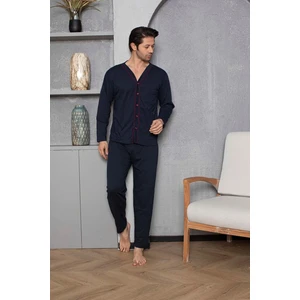 Huq Moda Erkek Biyeli Lacivert Uzun Kollu Pamuklu Düğmeli Pijama Takımı