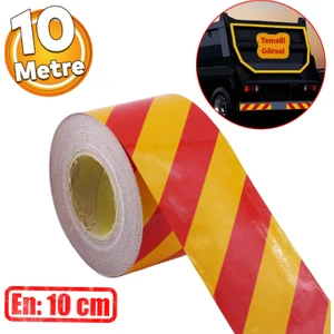 Reflektörlü Yapışkanlı Parlayan Fosfor Sarı Kırmızı 10 mt Reflektif Düz Şerit Bant 10 cm Ikaz Bandı