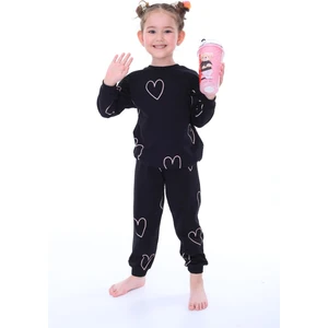 Bunny Hopp 3-8 Yaş  Pamuk Kalp Desenli Uzun Kollu Siyah Kız Çocuk Pijama Takımı