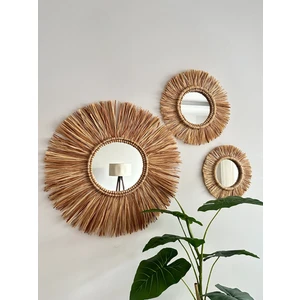 Korfam Home Design El Yapımı Dekoratif Bohem Ahşap Boncuklu Aynalı 3’Lü Doğal Rafya Duvar Süsü