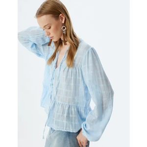 Hakim Yaka Bluz Bağcık Detaylı Uzun Kollu Düğmeli Fırfırlı