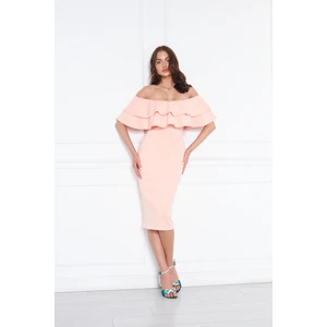 Kadın Carmen Yaka Esnek Kumaş Düşük Omuz Midi Boy Abiye Kalem Elbise