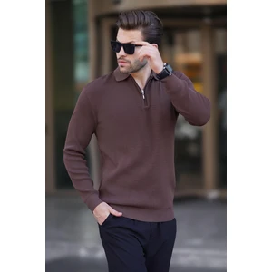 Kahverengi Polo Yaka Fermuarlı Uzun Kollu Erkek Kazak 7240