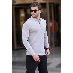 Gri Polo Yaka Fermuarlı Uzun Kollu Erkek Kazak 7240