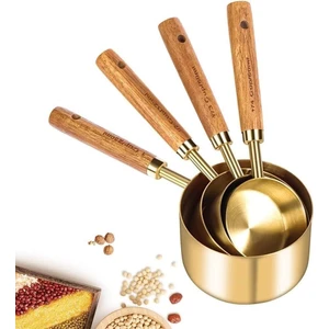 4 Adet Büyük Boy Paslanmaz Çelik Ahşap Saplı Ölçü Kaşığı Seti Ölçü Kabı 60ML 80ML 125ML 250ML