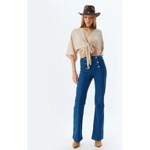 Ispanyol Paça Kot Pantolon Yüksek Bel Slim Fit Düğme Detaylı - Flare Jeans