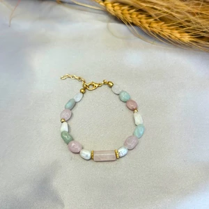 Suerte Accessories Pembe Kuvars Akuamarin Ay Taşı Doğaltaş Kuvars Doğal Taş Uç Mayorka Inci El Yapımı Kadın Kolye