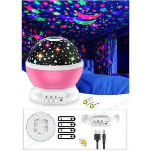 Pembe Dönen Renkli Ay Yıldızlı Gökyüzü Yansıtmalı Projeksiyon Gece Lambası Çocuk Bebek Parti Odası