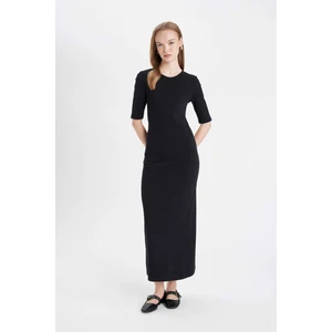 Bodycon Vücuda Oturan Bisiklet Yaka Basic Düz Fitilli Kaşkorse Kısa Kollu Maxi Elbise D8623AX24AU