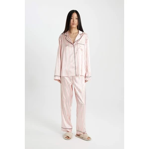 Pijama Takımı Uzun Kollu Çizgili Saten Üst Beli Lastikli Uzun Alt-Fall in Love C9445AX24AU
