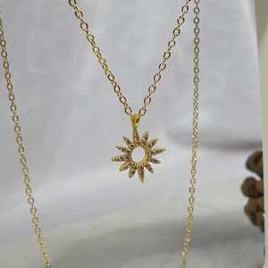 925 Ayar Gümüş Güneş ve Kolye Gold , Güneş Motifli Gold Kolye , Ince Zincir Gold Güneş Kolye