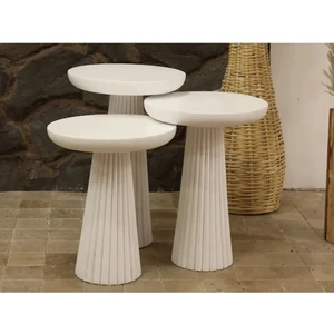 Simillo Home & Living Wood Wooden Mat Beyaz 3’lü Set Mantar Yan Sehpa Fiskos Çiçeklik Decorative