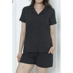 Kadın Şortlu Pijama Takımı Kısa Kollu Düğmeli Cepli Siyah Çizgili