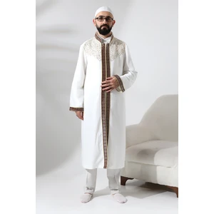 İhvan Online Beyaz Hakim Yaka Erkek Namaz Elbisesi Bordo Şerit Nakış Işlemeli Imam Cübbesi