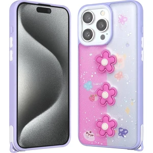 Cepte Aksesuar Apple iPhone 15 Pro Max Kılıf Parlayan Sıvılı Simli Kabartma Figürlü Zore Cevze Kapak-Mor Papatya