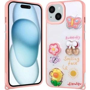 Cepte Aksesuar Apple iPhone 15 Plus Kılıf Parlayan Sıvılı Simli Kabartma Figürlü Zore Cevze Kapak-Pembe