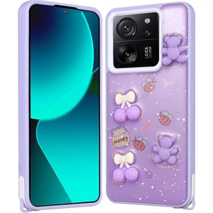 Cepte Aksesuar Xiaomi Mi 13T Kılıf Parlayan Sıvılı Simli Kabartma Figürlü Zore Cevze Kapak-Mor Ayı