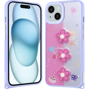 Cepte Aksesuar Apple iPhone 15 Plus Kılıf Parlayan Sıvılı Simli Kabartma Figürlü Zore Cevze Kapak-Mor Papatya