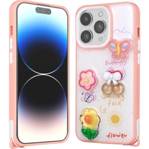 Cepte Aksesuar Apple iPhone 14 Pro Max Kılıf Parlayan Sıvılı Simli Kabartma Figürlü Zore Cevze Kapak-Pembe