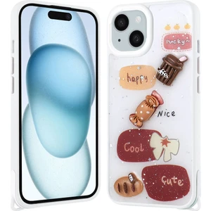 Cepte Aksesuar Apple iPhone 15 Plus Kılıf Parlayan Sıvılı Simli Kabartma Figürlü Zore Cevze Kapak-Beyaz