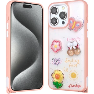 Cepte Aksesuar Apple iPhone 15 Pro Max Kılıf Parlayan Sıvılı Simli Kabartma Figürlü Zore Cevze Kapak-Pembe