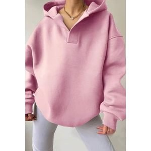 Kadın Pembe Relax Yaka Detay Oversize Kapüşonlu Sweatshirt