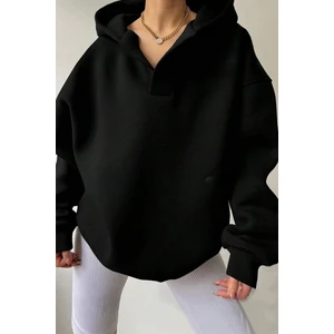 Kadın Siyah Relax Yaka Detay Oversize Kapüşonlu Sweatshirt