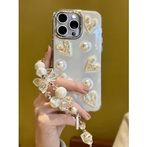 Paladyum Case iPhone 14 Pro Uyumlu Lux Işıltılı Inci Charmlı Kalpli Kılıf
